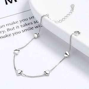 S925 sterling silver box chain bracelet featuring five polished heart-shaped pendants