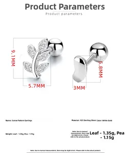 Détails macro de clous d'oreilles feuille en argent 925 avec mesures et fermoirs à vis