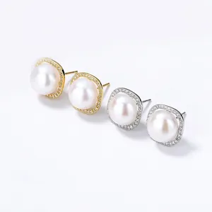 S925 Sterling Silver Natural Freshwater Pearl Stud Earrings Square Halo Rhinestone Inlaid Fashion Jewelry For Women