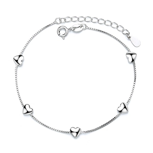 Minimalist 925 sterling silver box chain bracelet with five polished heart charms