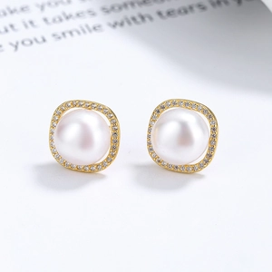 Elegant S925 silver freshwater pearl earrings with gold-plated zircon halo in a square frame