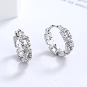 S925 sterling silver chain link earrings with zircon pavé and high polish finish