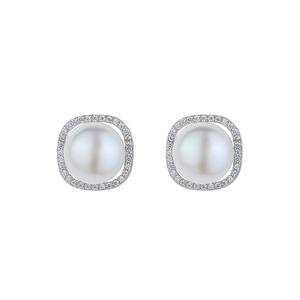 S925 sterling silver freshwater pearl stud earrings with sparkling zircon halo