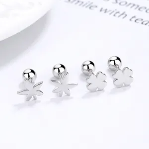 Minimalist 925 Sterling Silver Lucky Four Leaf Clover Maple Leaf Stud Earrings For Women Girl Screw Back Agate Rhinestone Earring