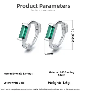 Detailed specs of S925 silver hoop earrings with rectangular emerald green zircon