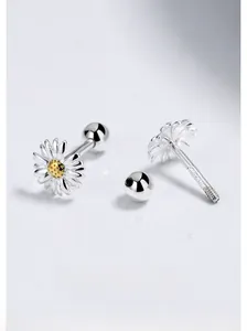 Macro shot of 925 silver daisy stud earrings with yellow pistil and screw back detail