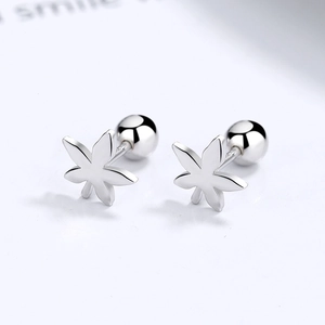 925 sterling silver maple leaf earrings with secure screw ball back on white background