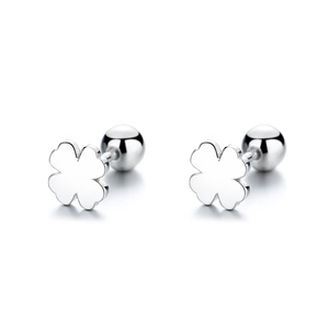 Polished 925 sterling silver four leaf clover screw back stud earrings set on white background