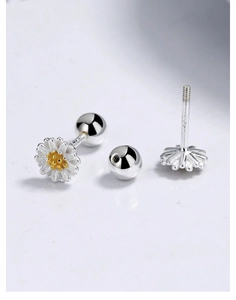 Macro view of S925 sterling silver daisy stud earrings with screw back details