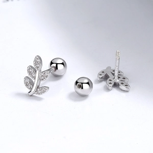 Boucles d'oreilles feuilles en argent 925 avec fermoir à vis et zircons cubiques