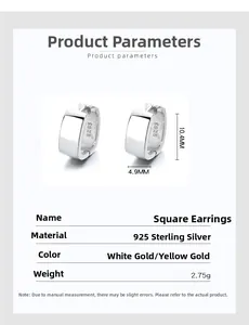 Detailed size specifications for minimalist 925 sterling silver square hoop earrings