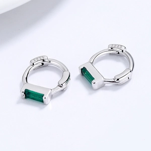 925 sterling silver huggie earrings with rectangular emerald green cubic zirconia