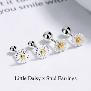 925 Sterling Silver Daisy Flower Stud Earrings Screw Back Minimalist Korean Style Small Floral Ear Bone Studs For Women