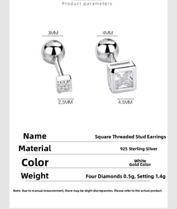 Detail view of 925 sterling silver square zircon stud earrings with size and weight specs