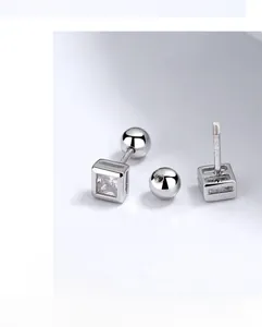 Macro view of square zircon stud earring in 925 sterling silver with secure screw back