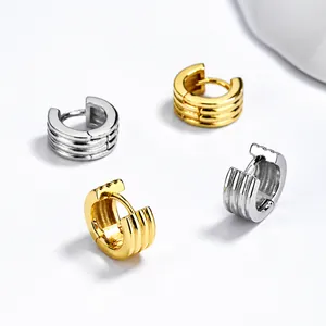 Minimalist striped 925 silver hoop earrings in gold and silver finish for women