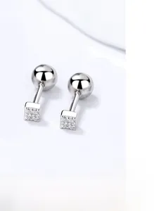 Detailed view of square zircon screw back stud earrings made of 925 sterling silver