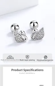 Close-up of S925 sterling silver swan earrings with zircon pavé and screw back closure