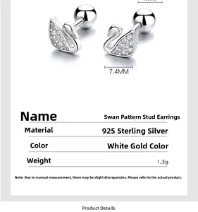 Detailed specs of swan stud earrings with 925 silver screw back and cubic zirconia stones