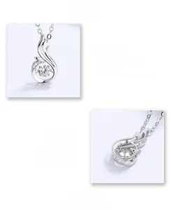 Detail of s925 silver dancing stone necklace with feather pendant and polished finish