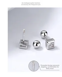 Detailed view of square zircon stud earring with S925 silver screw back design