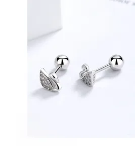 Close-up of S925 sterling silver swan earring with cubic zirconia and screw back