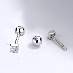 Square cubic zirconia S925 sterling silver stud earrings with screw ball back closure