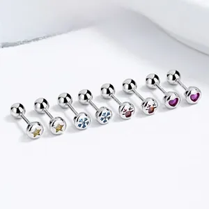Detailed set of 925 silver screw back studs with colorful zircon stars and snowflakes