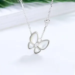 Close-up of S925 silver butterfly necklace with white mother of pearl and zirconia