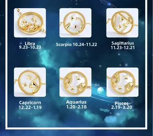 Macro detail of 925 silver zodiac charms with white shell inlay and gold plating