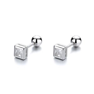 Minimalist square zircon stud earrings in 925 sterling silver with secure screw ball backs