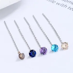 Detail of five-color round cut zircon drop earrings with S925 sterling silver chain link