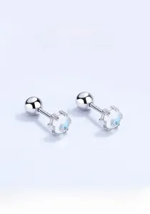 Detail of moonstone stud earrings with S925 sterling silver screw back design