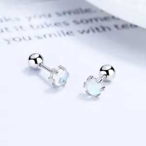 Detail of 925 silver moonstone heart stud earrings with secure screw back closure