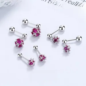 Detailed view of S925 sterling silver cube stud earrings with red crystal pave settings