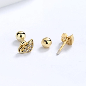 Elegant gold swan stud earrings with white zircon crystals and screw back closures