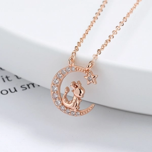 Collar de plata 925 oro rosa con colgante de luna, estrella y dragón con circonitas