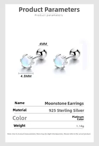 Technical view of S925 silver moonstone stud earrings with screw back details and sizes