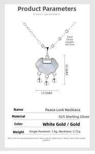 Detail view of 925 silver peace lock necklace with white shell inlay and silver bells