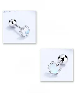 Macro detail of S925 sterling silver moonstone screw back earring showing secure fastening