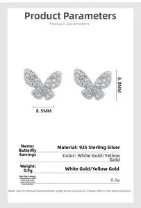 Detailed spec sheet showing 925 sterling silver butterfly stud earrings with zircon