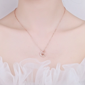 Collar de plata 925 oro rosa con colgante de luna y conejo con circonitas brillantes