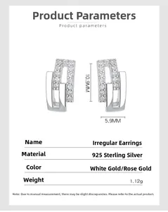 Detailed spec view of S925 sterling silver irregular geometric earrings with dimensions
