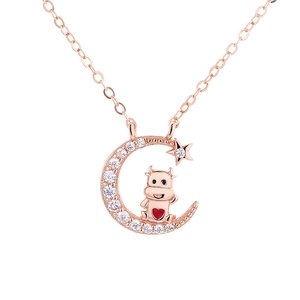 Collar de plata 925 oro rosa con signo zodiacal buey, luna creciente y circonitas