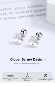 Macro shot of 925 sterling silver clover earrings with screw back design and polished finish