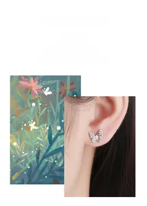 Detailed view of sterling silver butterfly stud earring with sparkling zircon inlay crystals