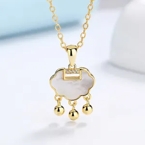 925 Sterling Silver Longevity Lock Necklace White Mother Of Artificial Pearl Ruyi Pendant Dainty Bell Clavicle Chain For Women