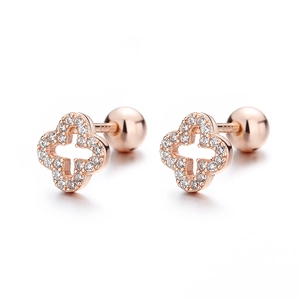 Roségoldene S925 Sterling Silber Kleeblatt Ohrstecker mit weißen Zirkonia-Steinen