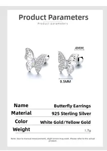 Macro shot of butterfly stud earrings showing dimensions 9.5mm by 4mm and 925 silver stamp