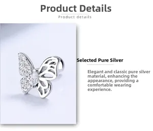 Detailed macro view of S925 sterling silver butterfly stud earring with zircon inlay